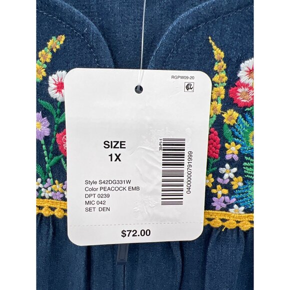 Go Softly Women's Chambray Patio Dress 1X Embroidered Peacock & Floral Mumu NWT - Picture 3 of 10